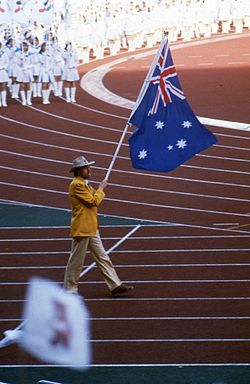 Australian flag bearer Paul Croft at the Opening Ceremony.