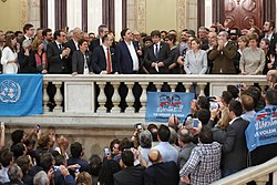 Catalan president, Carles Puigdemont, addresses the crowd following the unilateral declaration of independence on 27 October.