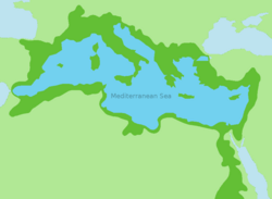 Approximate extent of the Mediterranean drainage basin (dark green). Nile basin only partially shown
