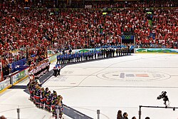 Medal ceremony for the women's ice hockey tournament at the 2010 Winter Olympics.