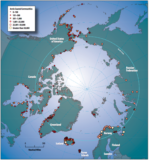 Circumpolar coastal human population distribution c. 2009 (includes indigenous and non-indigenous).