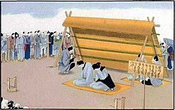 Man and woman undergoing public exposure for adultery in Japan, around 1860