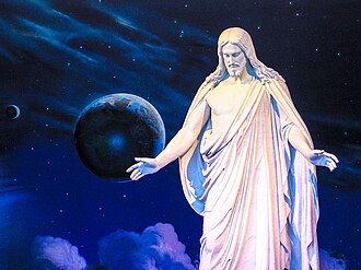 Replica Christus statue in a background of planets, stars, and space dust