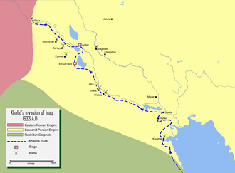Map detailing the route of Khalid ibn al-Walid's conquest of Iraq