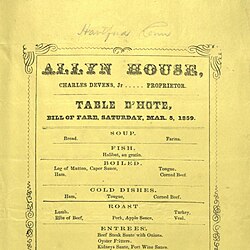 The Allyn House restaurant menu (5 March 1859)