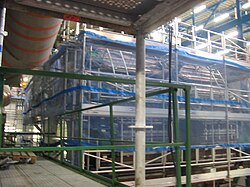 September 2005: The main barrel section of the ATLAS hadronic calorimeter, waiting to be moved inside the toroid magnets.