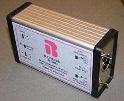 A passive DI box. It is passive because it does not need external power to operate. DI boxes which require a power source (batteries or phantom power) are called active DI boxes.
