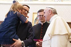 Francis with Polish prime minister Mateusz Morawiecki and his family, Vatican City, June 2018