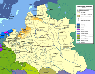 The Polish–Lithuanian Commonwealth at its greatest extent in 1619. At that time it was the largest country in Europe