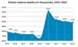 Global malaria deaths from 2015 to 2023 (in thousands). Source: WHO