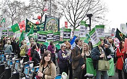 Greens taking part in the 2011 London anti-cuts protest in the United Kingdom