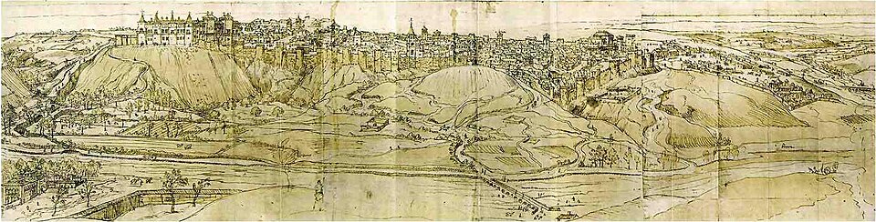 A view of Madrid from the west, facing the Puerta de la Vega. Drawing by Anton van den Wyngaerde, 1562.