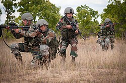 Indian Army soldiers move into position while demonstrating a platoon level ambush to U.S. Army paratroopers.