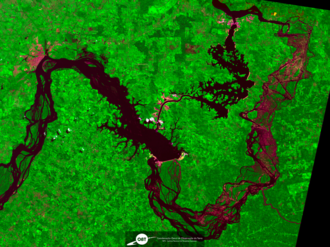 Big Bend (Volta Grande) of the Xingu, Belo Monte reservoir inside, dam at top