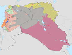 IS territory, in grey, at the time of its greatest territorial extent (May 2015).[108] Map legend Islamic State Syrian government Lebanese governmentNote: Iraq and Syria contain large desert areas with sparse populations. These areas are mapped as under the control of forces holding roads and towns within them.