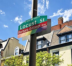 Barbara Gittings Way, displaying Gayborhood street sign