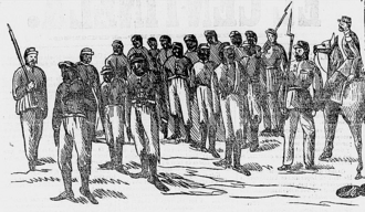 Xenophobia may have been a cause of the war.[58] Brazilian prisoners caricatured as hideous Afro-Americans in a Paraguayan government propaganda cartoon (El Centinela, 1867).