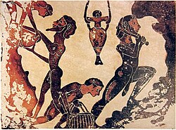 Corinthian black-figure terra-cotta votive tablet of slaves working in a mine, dated to the late seventh century BC