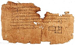 One of the oldest surviving fragments of Euclid's Elements, found at Oxyrhynchus and dated to circa AD 100. The diagram accompanies Book II, Proposition 5.[61]