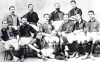 FC Barcelona in 1903. Standing: Llobet, Terradas, Reig and Vidal. Seated: Ossó, Steinberg, Meyer, Witty, Gamper, Harris and Lassaletta.