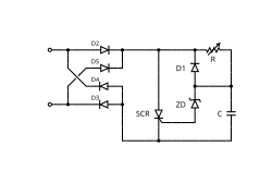A typical SCR based light dimmer which dims the light through phase angle control. This unit is wired in series with the load. Diodes (D2, D3, D4 and D5) for a bridge which generates DC with much ripple. R and C form a circuit with a time constant, as the voltage increases from zero (at the start of every halfwave) C will charge up, when C is able to make ZD conduct and inject current into the SCR the SCR will fire. When the SCR conducts then D1 will discharge C via the SCR. The SCR will shut off when the current falls to zero when the supply voltage drops at the end of the half cycle, ready for the circuit to start work on the next half cycle.