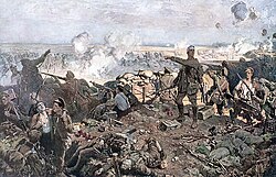 An artist's rendition of Canadian troops at the Second Battle of Ypres