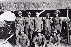 Damascus, November 1918. Drivers who served with Major Wilfrid Kent Hughes; left to right, back row; M.B. McCulloch, Jock Don, R. McLeod, C.E. Bell, G.A.G. Herbert; front row; H. Bellamy, A.E. Tom, M.R. McCulloch. Absent; W.A. Erickson, A.W. Pryor, E.P. Yeatman.