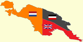 New Guinea from 1884 to 1919. The Netherlands controlled the western half of New Guinea, Germany the north-eastern part, and Britain (later on Australia) the south-eastern part.