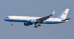 A Boeing C-32 (Boeing 757) that was occasionally used as Air Force One until the arrival of newer C-32s in the 2010s. Today, this plane flies the vice president (serving as Air Force Two) or other senior officials.