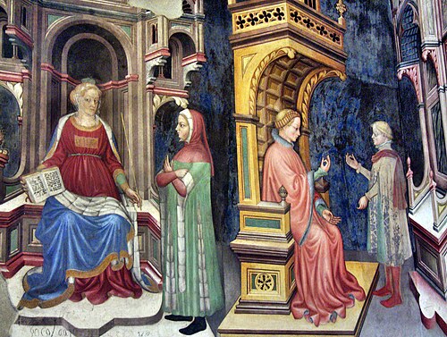An allegory of rhetoric and arithmetic, Trinci Palace, Foligno, Italy, by Gentile da Fabriano, who lived in the era of Italian language standardization