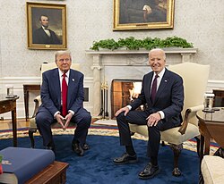 President Joe Biden (right) and President-elect Donald Trump (left) meet in the Oval Office of the White House as part of the presidential transition.