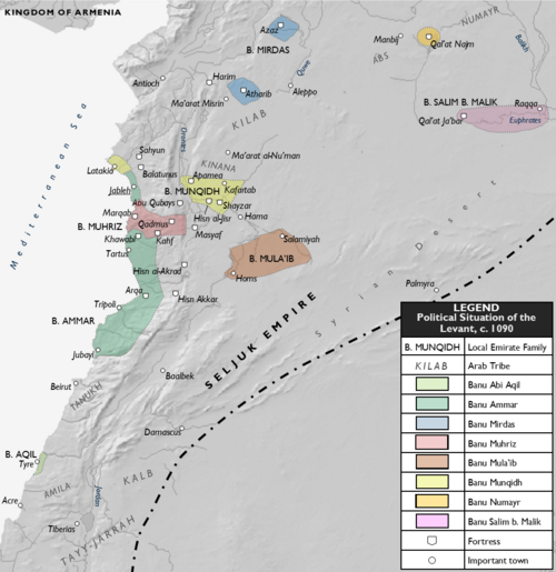 Political map of the Levant, c. 1090, showing areas retained by the Mirdasid emirs Shabib and Waththab (shaded in blue) and the dwelling area of most of the Kilab in northern Syria