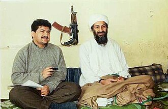 Journalist Hamid Mir interviewing bin Laden, c. 1997–1998