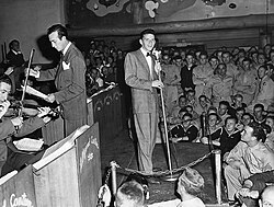 Sinatra performing with Harry James at the Hollywood Canteen in 1943
