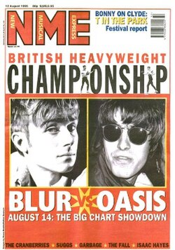 The UK media extensively covered the chart battle between Blur and Oasis. The anticipation over who would be number one in the week leading up to the chart being announced saw Albarn (left) appear on the ITV News at Ten.