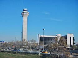 Newark Liberty International Airport's air traffic control tower next to the Marriott Hotel in November 2014