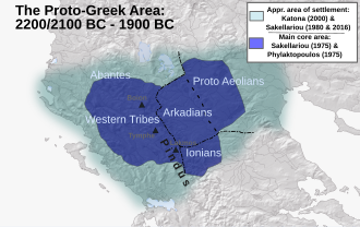 Proto-Greek area of settlement (2200/2100–1900 BC) suggested by Katona (2000), Sakelariou (2016, 1980, 1975) and Phylaktopoulos (1975)