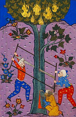 Zakaria sawn in half after Iblis revealed the lappet of his garments peaking out from his hiding place.