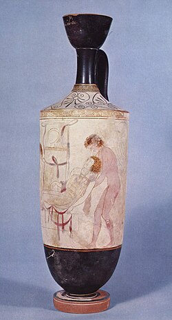 A scene from the Iliad: Hypnos and Thanatos carrying the body of Sarpedon from the battlefield of Troy; detail from an Attic white-ground lekythos, c. 440 BC