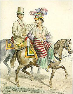 Mestizos de Español in the Philippines by Jean Mallat de Bassilan (c.1846), both are wearing native barong tagalog and baro't saya finery