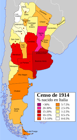 Percentage of Italian-born immigrants in the 1914 Argentine census by provinces and territories