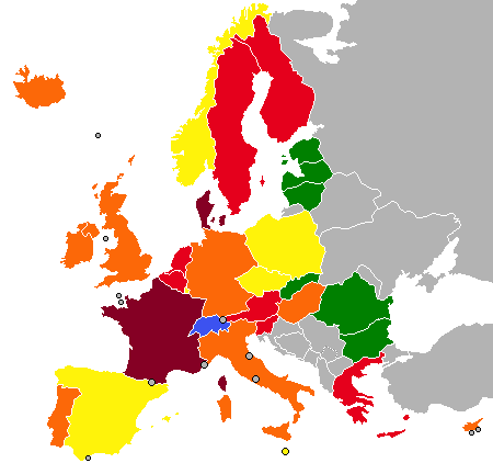 Public spending / GDP in Europe: >55% 50–55% 45–50% 40–45% 35–40% 30–35%