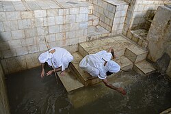 Mandaean priests performing tamasha in preparation for the masbuta during the 2015 Parwanaya festival in Ahvaz, Iran