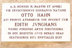 Marble plaque in Latin by Professor Massimo Ragnolini, commemorating the honeymoon of Otto Hahn and his wife Edith at Punta San Vigilio, Lake Garda, Italy, in March and April 1913