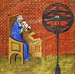 Nicole Oresme (1323–82), shown in this contemporary illuminated manuscript with an armillary sphere, was the first to offer a mathematical proof for the divergence of the harmonic series.[184]