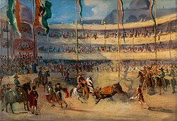 Bullfight in Mexico City (1831), where the picadors, bullfighters on horseback, are dressed as Charros, that is, like the vaqueros from the Hinterland