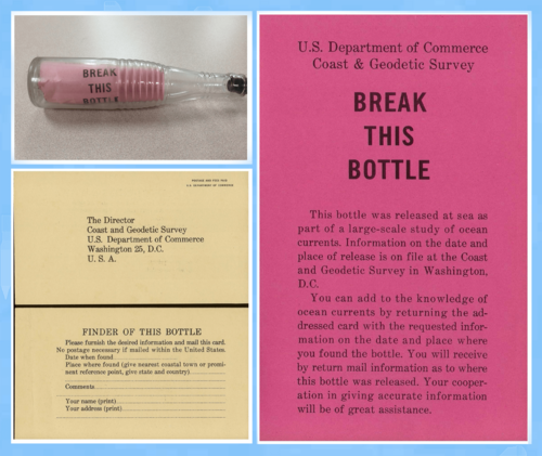 An unconventional delivery method is shown by this message in a bottle. This bottle and its contents (sample postcard and insert shown above) were launched into the Atlantic Ocean in 1959 by the United States Coast and Geodetic Survey and were found in 2013 at a beach on Martha's Vineyard.[16]