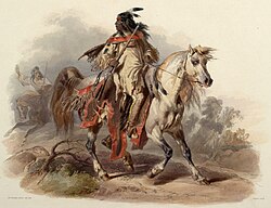 Mounted Blackfoot warrior on horse painted from life by Karl Bodmer.
