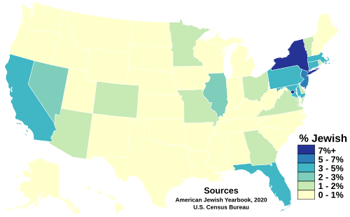 Jewish Americans by state according to the American Jewish Yearbook, 2020 and the US Census Bureau