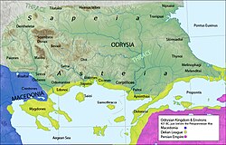 Thrace in the Odrysian Kingdom showing several Thracian tribes. Sapeia was Northern Thrace and Asteia was Southern Thrace